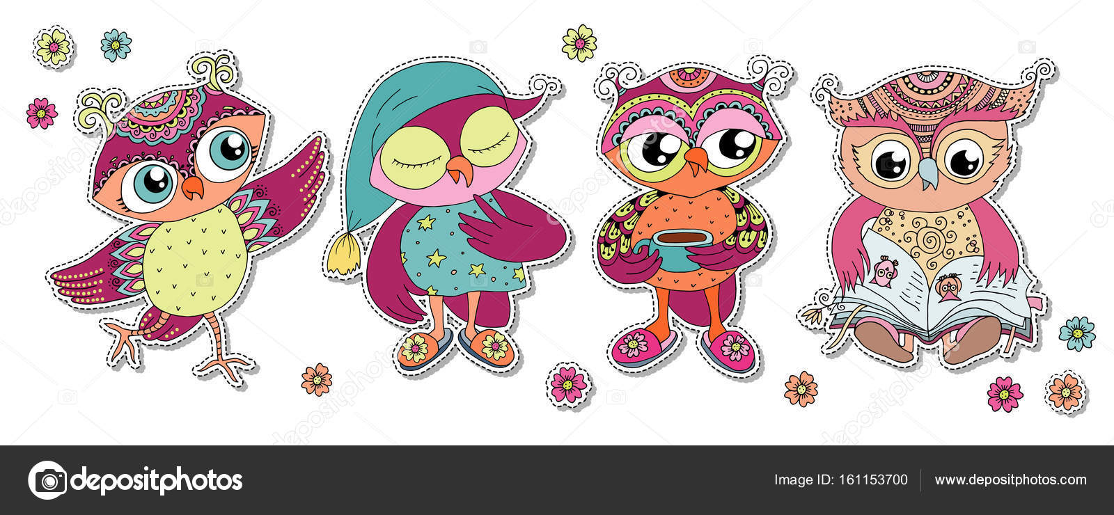 Quatro corujas de desenhos animados coloridos bonitos imagem vetorial de  MayaIVA© 161153700